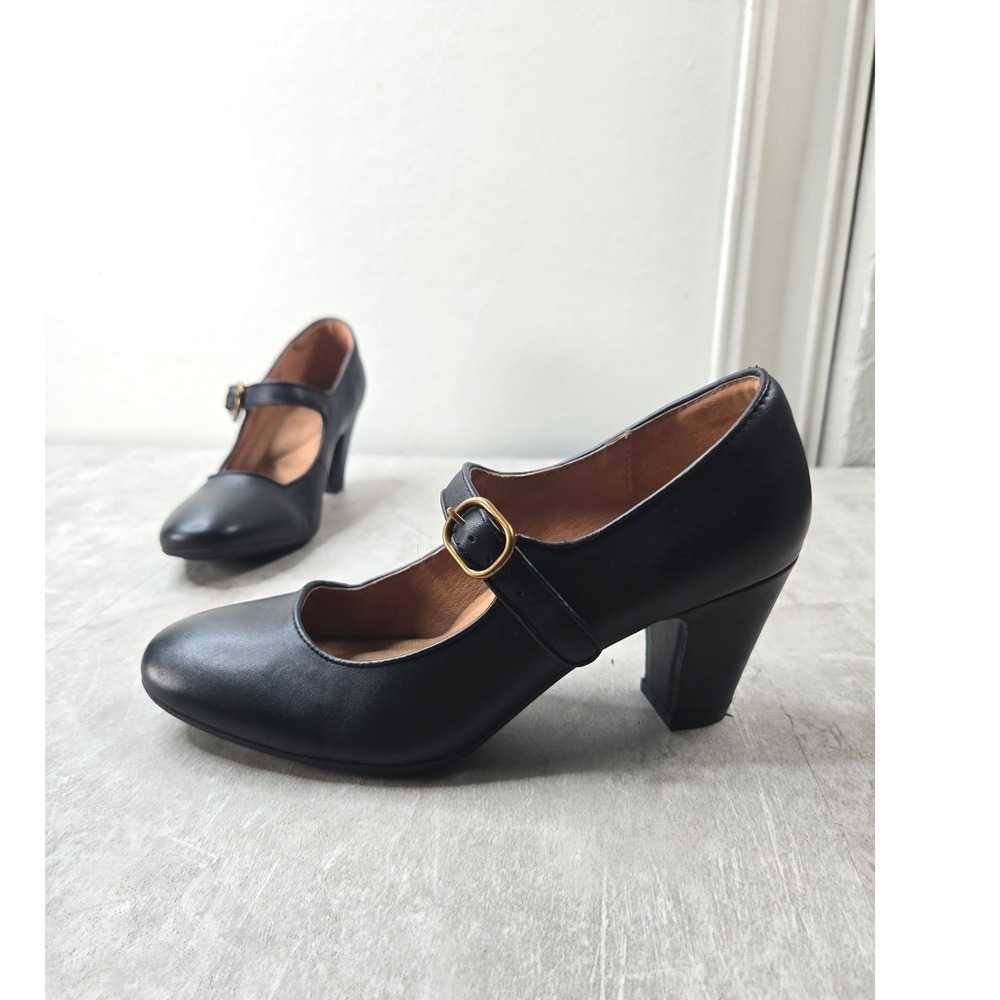 Mary Jane Block Heel Comfort Pumps 7.5 Black Leather Preppy Academia Dress Shoes
